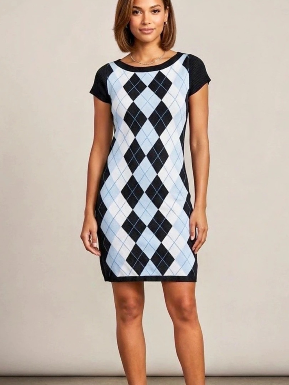 Stile Benetton Women's Argyle  Midi Dress in Blues & White, 100% Cotton